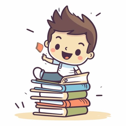 Boy reading a book on stack of books. Vector cartoon illustratio