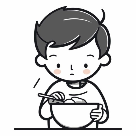 Illustration of a Kid Boy Eating a Bowl of Food - Vector