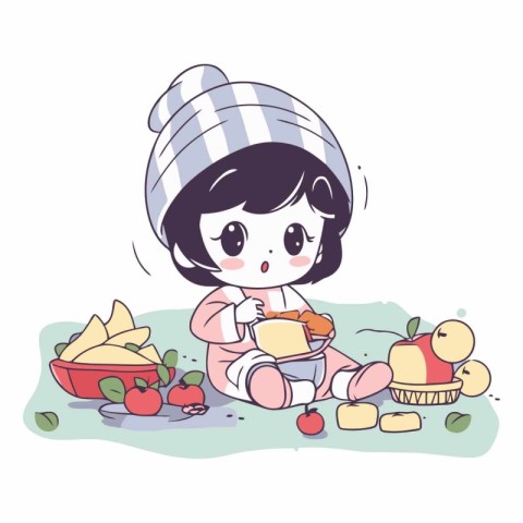 Illustration of a little girl who is cooking in the kitchen.