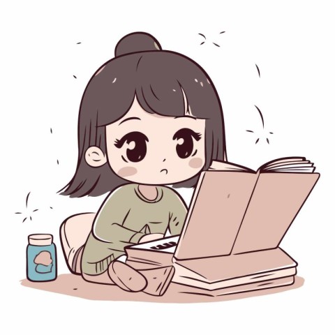 Illustration of a Cute Girl Reading a Book While Sitting at her