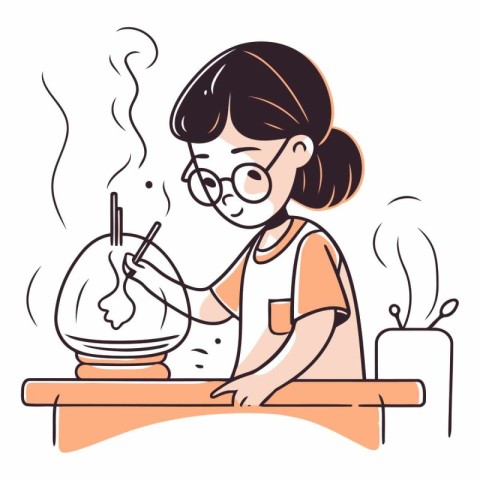 Vector illustration of a woman in apron cooking at the kitchen.