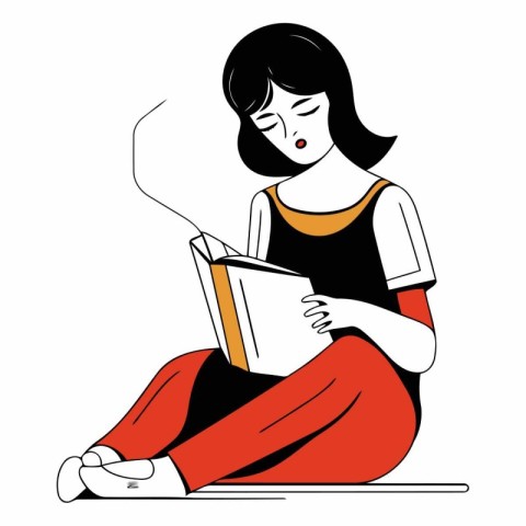 Young woman reading a book in flat cartoon style.