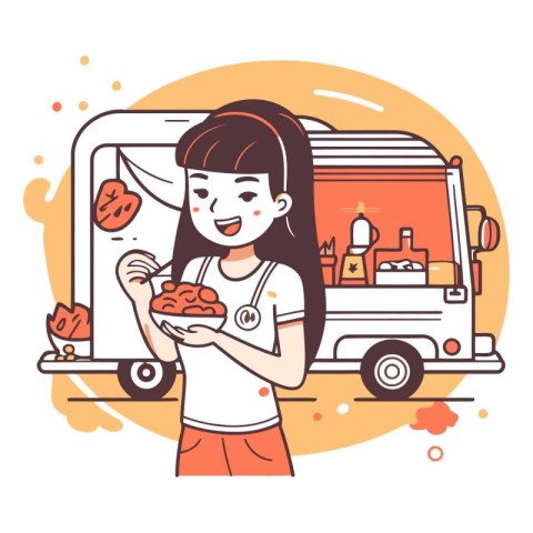 Cute girl with food truck in cartoon style.