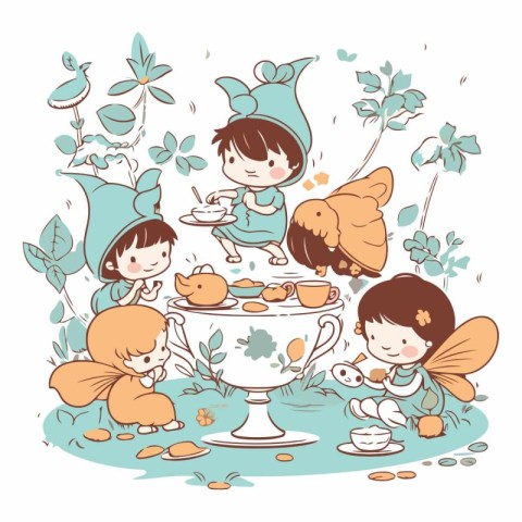 Children drinking tea in the garden. Hand drawn vector illustrat