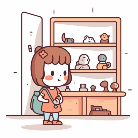 Cute little girl shopping in the store. Vector cartoon illustrat