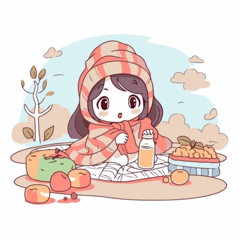 Illustration of a Cute Girl Enjoying Picnic in Autumn