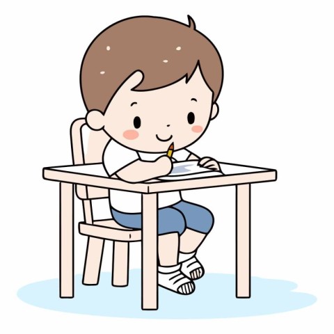 Boy writing in a notebook of a boy sitting at a table.