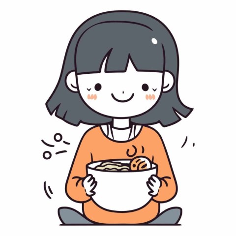 Illustration of a Kid Girl Eating a Bowl of Instant Noodles