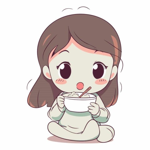 Illustration of a Cute Girl Eating a Bowl of Yogurt