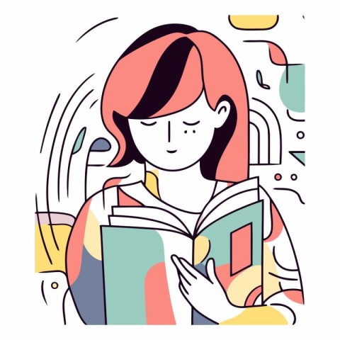 Vector illustration of a young woman reading a book in the libra