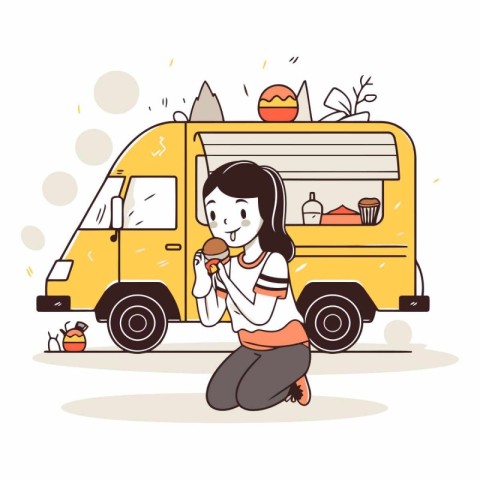 Illustration of a girl eating ice cream in front of a yellow van