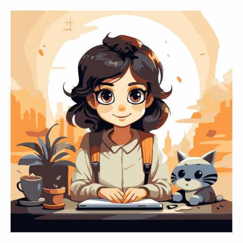 Cute girl sitting at the table with cat and book