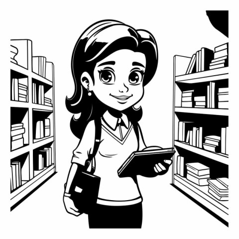 Girl Student with Books in Library - Black and White Cartoon Ill