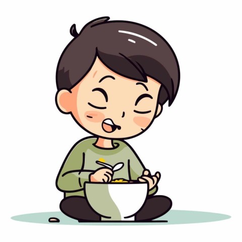 Boy eating soup of a cartoon boy eating soup.