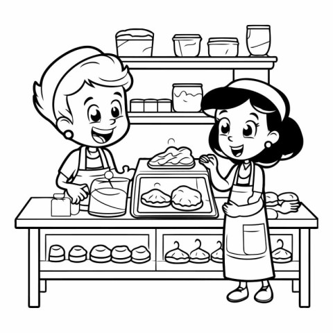 Girl and boy baking in the bakery shop. black and white vector i