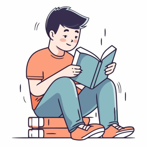 Teenage boy reading a book in cartoon style.