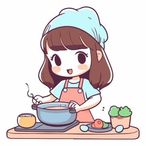 Illustration of a Cute Girl Cooking in the Kitchen Cartoon Chara