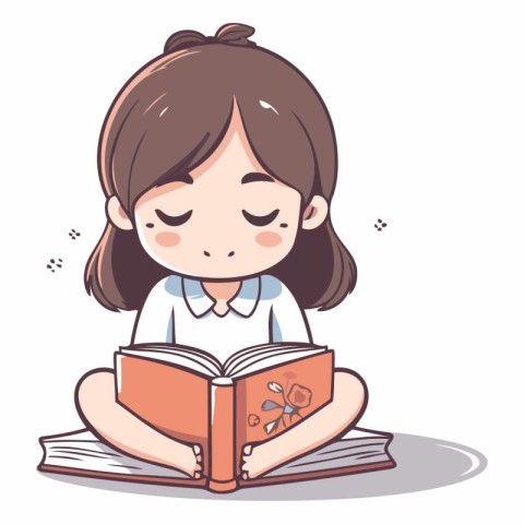 Illustration of a Cute Girl Reading a Book in the Library