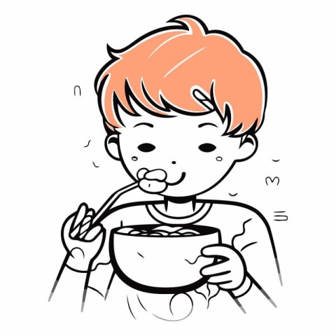 Illustration of a boy eating a bowl of cereal on a white backgro