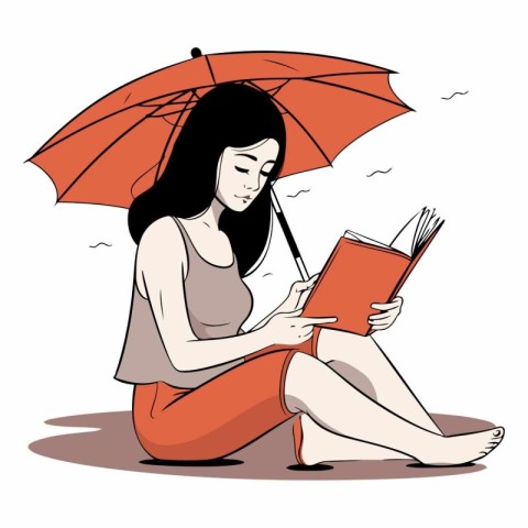 Young woman sitting with umbrella and reading a book.