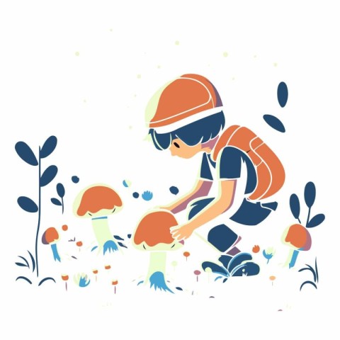 Vector illustration of a boy in a helmet picking mushrooms in th