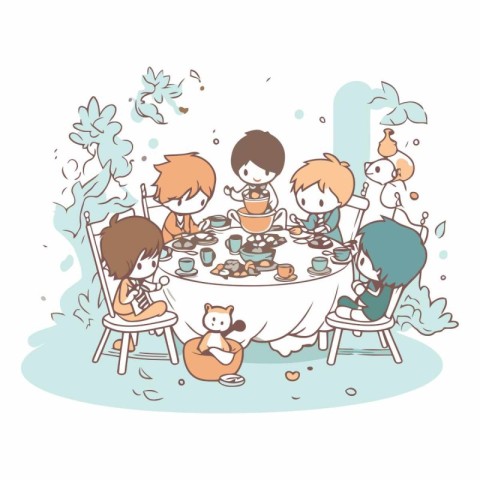 Illustration of kids having a meal in the garden