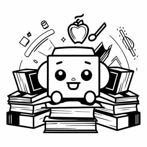 Black and white vector illustration of a cute cartoon robot sitt