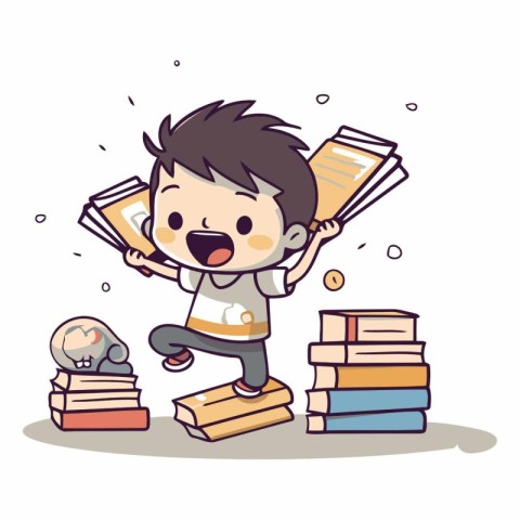 boy jumping over pile of books cartoon vector illustration. eps1