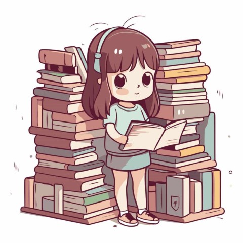 Cute little girl reading a book and standing next to a pile of b