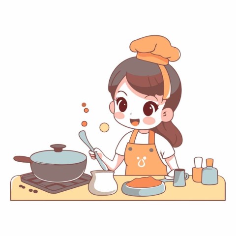 Illustration of a cute little girl cooking in the kitchen. Carto