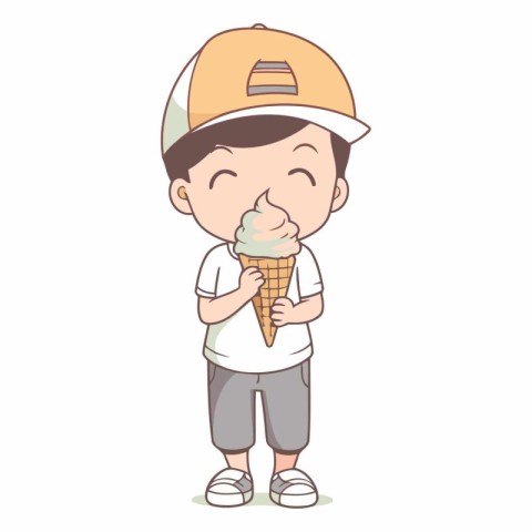 Illustration of a Cute Kid Boy Wearing a Cap and Eating an Ice C