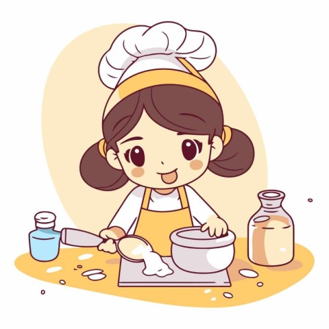 Cute little chef girl cooking in the kitchen.