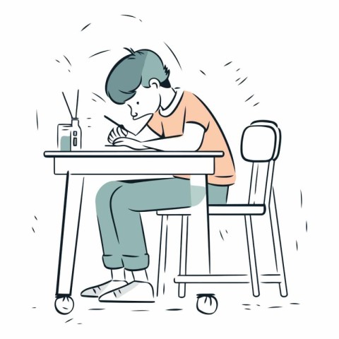 Illustration of a boy doing his homework. Vector line art.