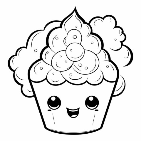 Black and White Cartoon Illustration of Cute Cupcake Character f