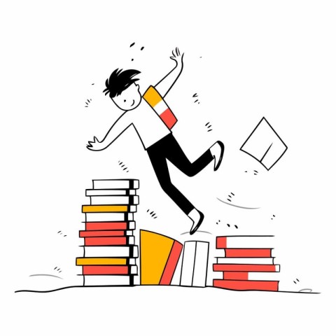 Businessman jumping over a pile of books. Hand drawn vector illu