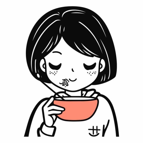 Illustration of a young woman eating a bowl of soup on a white b