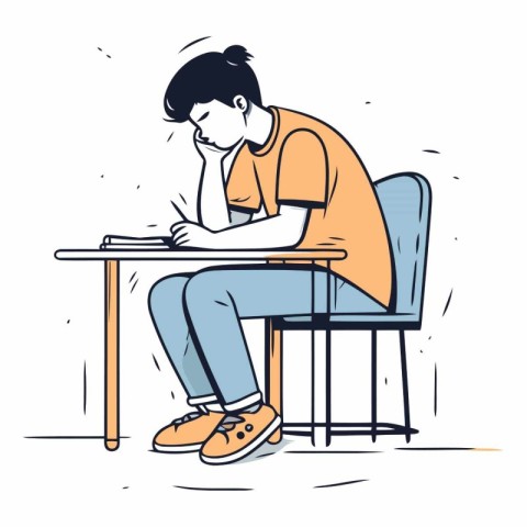 Illustration of a young man sitting at a desk and doing homework