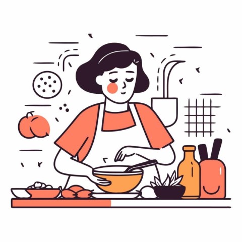 Woman cooking in the kitchen. Flat style vector illustration. Co