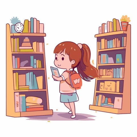 Cute little girl reading a book in library.