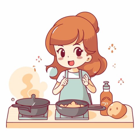 Cute little girl cooking in the kitchen in cartoon style.