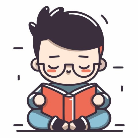 Cute boy reading a book in cartoon style.