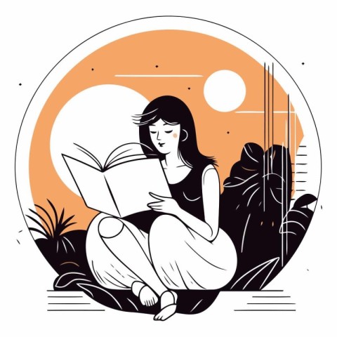 Vector illustration of a girl reading a book sitting on the gras