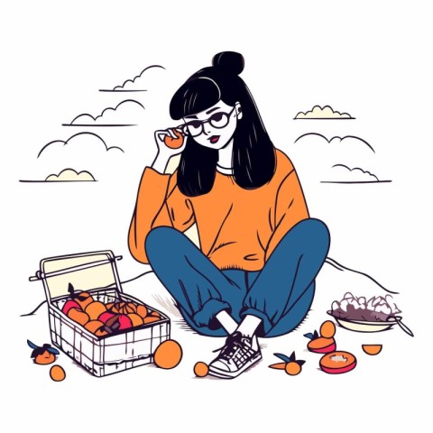 Girl sitting on the ground with basket of fruits.