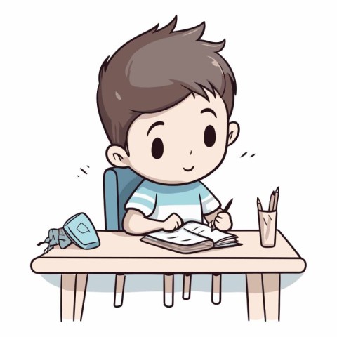 Boy writing in notebook at the table of a boy doing homework.