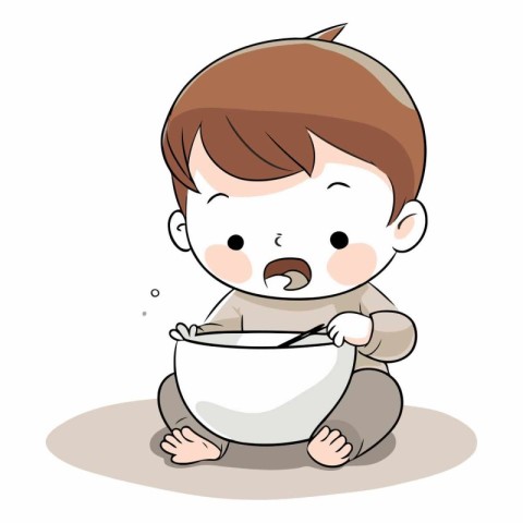 Illustration of a Kid Boy Eating a Bowl of Rice in the Kitchen