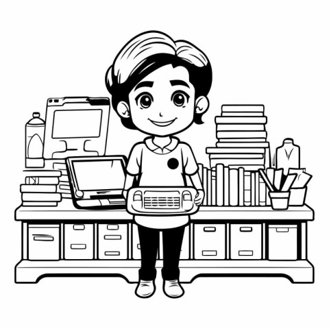 cute little student boy with laptop and bookshelf vector illustr