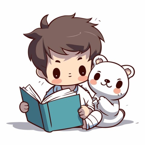 Cute boy reading a book with a polar bear