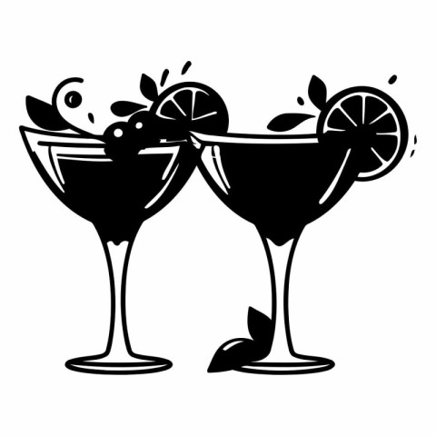 Cocktails with lime and mint. Black and white vector illustratio