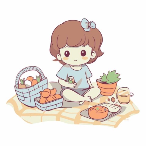 Illustration of a little girl sitting on the floor and eating fr