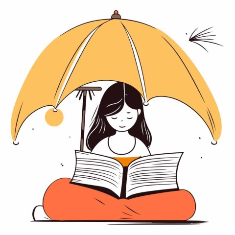 Girl reading a book under an umbrella in sketch style.